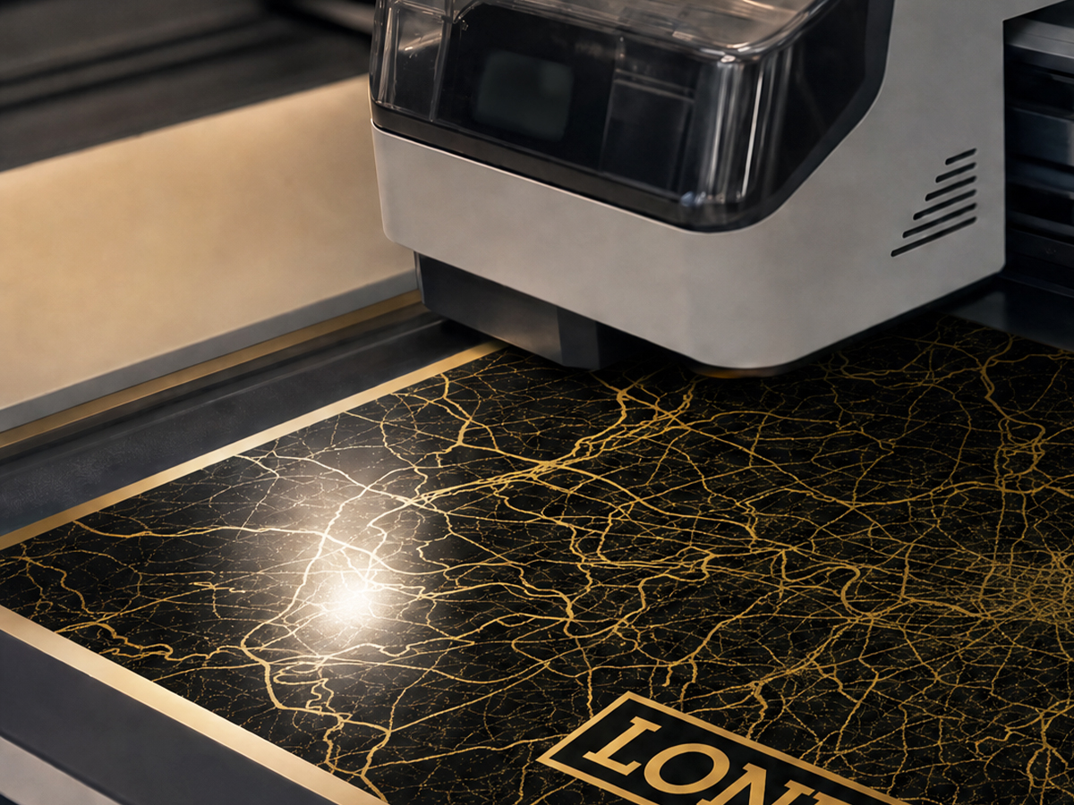 A London map being precision engraved in our studio