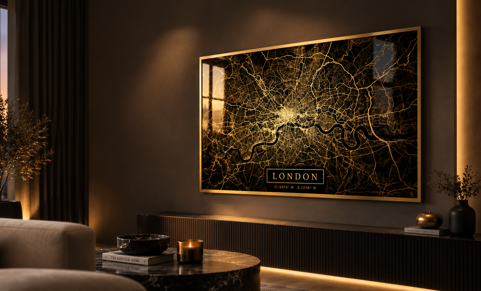 Golden Maps mirror-gold London map framed above a console table in a luxury living room