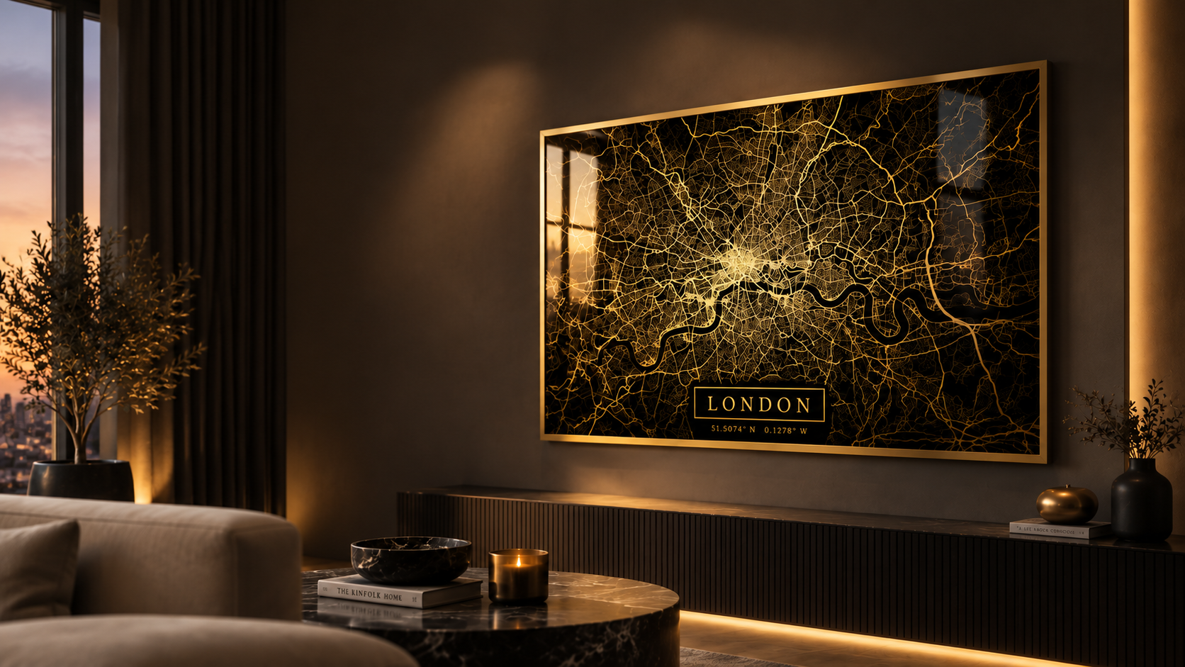 Golden Maps mirror-gold London map framed above a console table in a luxury living room